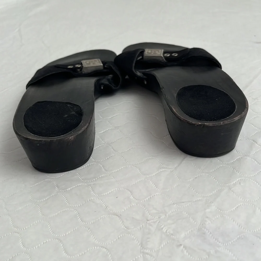 Chanel 2000s black wood slide logo sandals